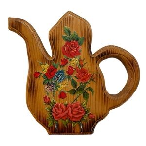 OOAK Vintage Folk Art Teapot Wooden Handcrafted Wall Plaque 2 Key Hooks Flowers